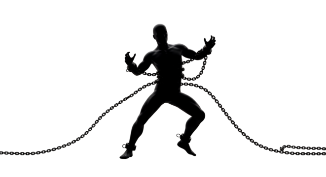 Struggling Figure Breaking Free from Chains in Dramatic Display of Strength