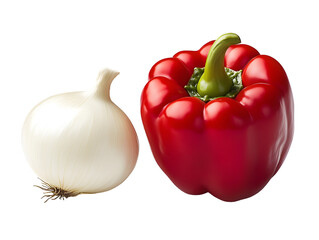 A whole red bell pepper and peeled white onion Transparent PNG 
