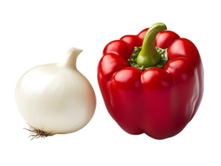 A whole red bell pepper and peeled white onion Transparent PNG 
