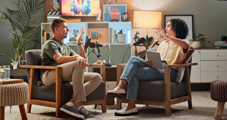 Men, lounge and podcast with mic, conversation and home studio with listen for live streaming on...