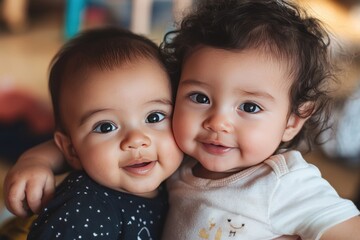 Two adorable babies are hugging each other and looking happily at the camera