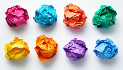 Brightly colored paper balls are creatively arranged on a white surface, offering a vibrant display perfect for art projects or decoration