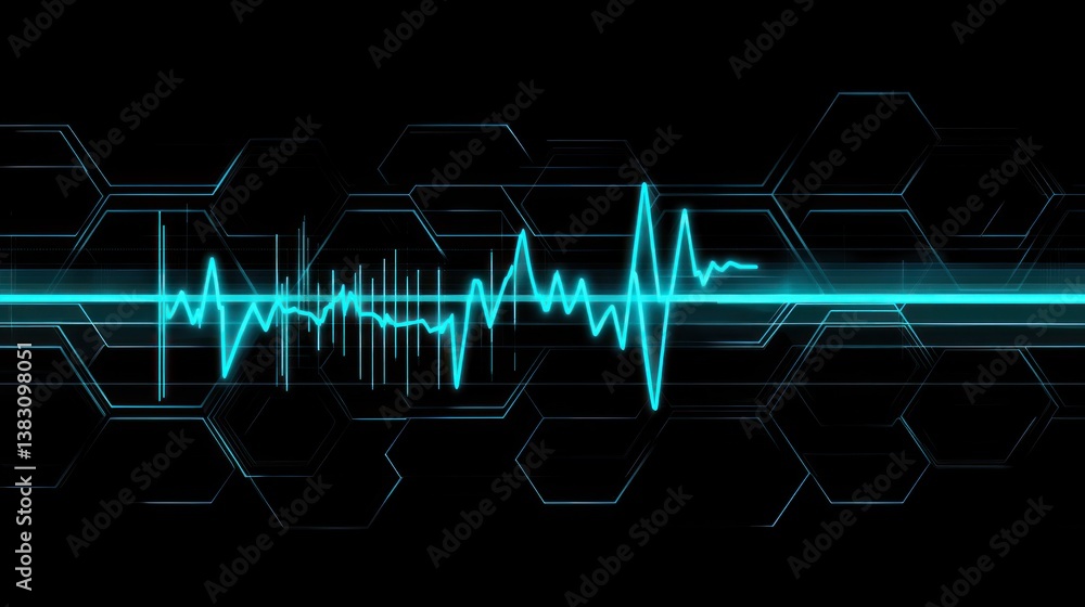 Poster tech waveform display with honeycomb background for tech presentations or websites