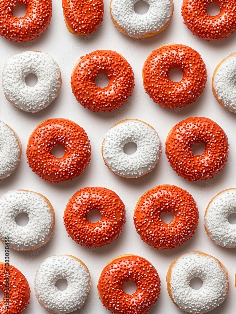 Poster top down view of delicious donuts with red and white sprinkles on a bright background creating a swe