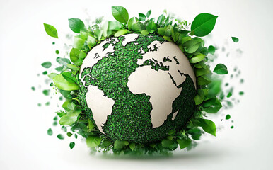 Stylized green globe illustration on white background. Earth Day concept. Symbolizes growth, nature, environmental consciousness. Ideal for eco-friendly campaigns.