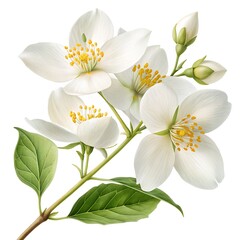 Fototapeta premium Jasmine flower, single jasmine in full bloom, hyper-realistic, ultra-detailed white petals with yellow centers, soft natural lighting, high resolution, white background 