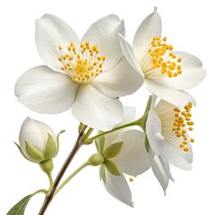 Obraz premium Jasmine flower, single jasmine in full bloom, hyper-realistic, ultra-detailed white petals with yellow centers, soft natural lighting, high resolution, white background 
