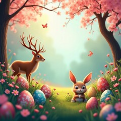 "Charming Spring  Bunnies with Colorful Eggs in a Blooming Spring Meadow"