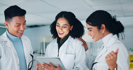 Tablet, group and scientists in laboratory at night for medical research with pharmaceutical...