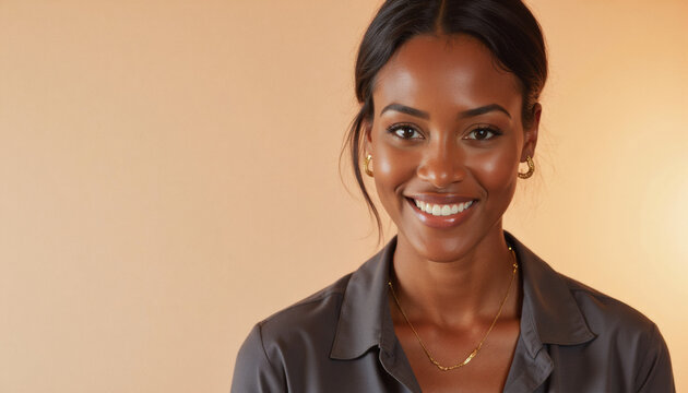 Modern portrait headshot of a friendly ceo executive business worker: A smiling Black woman with a warm complexion confidently looks at the camera while wearing a dark gray collared shirt and gold j