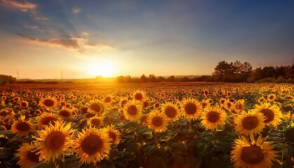 Obraz premium sunlit field of sunflowers at sunset golden hour magical ambiance