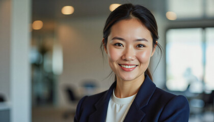 Fototapeta premium Modern portrait headshot of a friendly ceo executive business worker: A smiling young Asian woman in professional attire confidently poses indoors, likely in an office setting.