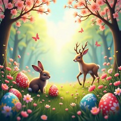 "Charming Spring  Bunnies with Colorful Eggs in a Blooming Spring Meadow"