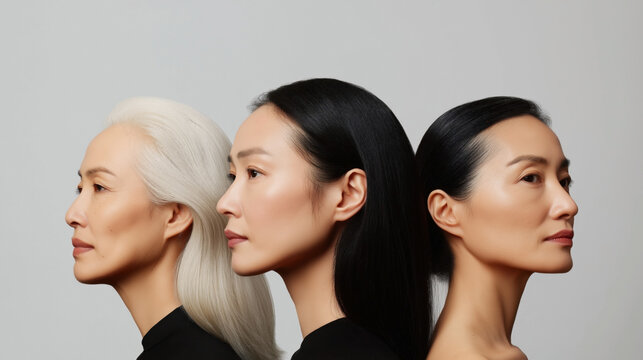 Three Asian women of different ages are shown in profile, highlighting diversity and generational beauty against a neutral background.