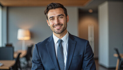 Fototapeta premium Modern portrait headshot of a friendly ceo executive business worker: A smiling, well-dressed businessman with a beard confidently poses indoors, likely in an office setting.