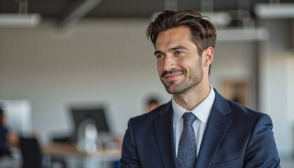 Fototapeta premium Modern portrait headshot of a friendly ceo executive business worker: A handsome businessman with a neatly groomed beard smiles confidently while looking off to the side in a modern office setting.