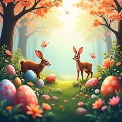 "Charming Spring  Bunnies with Colorful Eggs in a Blooming Spring Meadow"