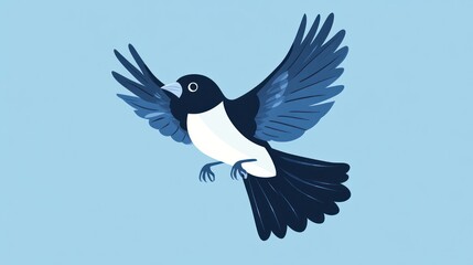 Naklejka premium Magpie flies in blue sky, wildlife concept, background simple, nature illustration