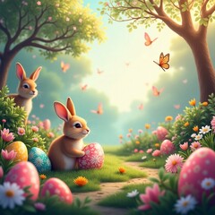 "Charming Spring  Bunnies with Colorful Eggs in a Blooming Spring Meadow"