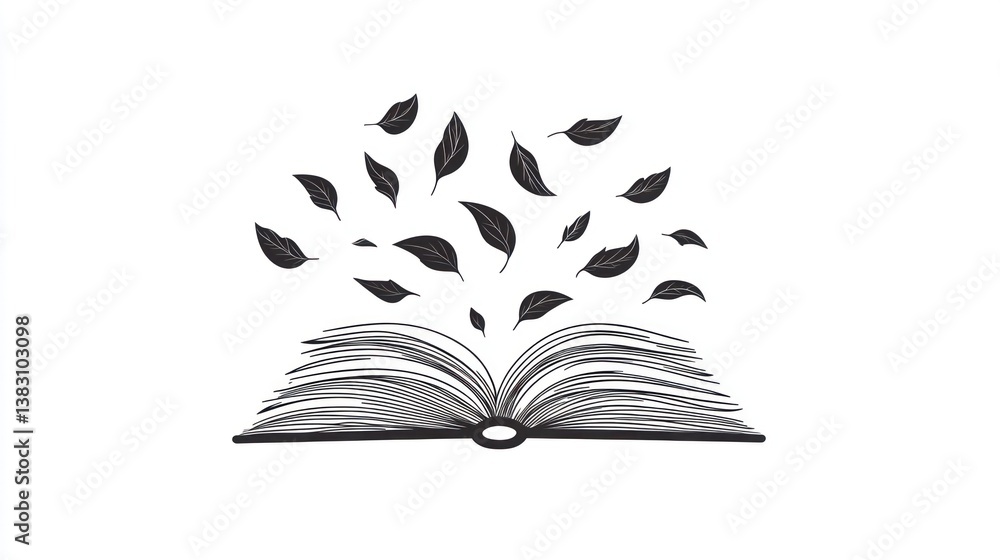 Poster open book with pages flowing into leaves against a plain background. possible use art