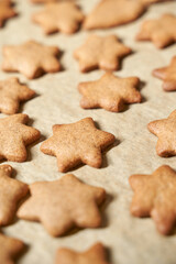 Homemade star-shaped gingerbread cookies on baking sheet for holiday festivities.