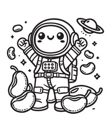 Fototapeta premium Coloring book astronaut bean floating in space amongst other bean shapes