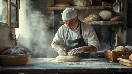 Elderly baker shaping dough in rustic bakery.