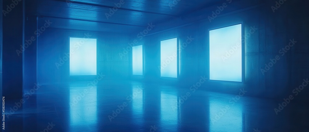Poster minimalist concrete room bathed in cyan light featuring illuminated rectangular panels creating a se