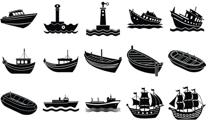 Collection of boats and ships in silhouette Ocean Icons for World Oceans Day