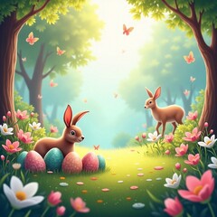 "Charming Spring  Bunnies with Colorful Eggs in a Blooming Spring Meadow"