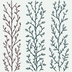 Set of twigs, branches of leaves. Seamless doodle floral pattern. Hand drawn Botanical drawing. Detailed line art of twigs and thorns vine illustration. Outline Simple Stylized Art