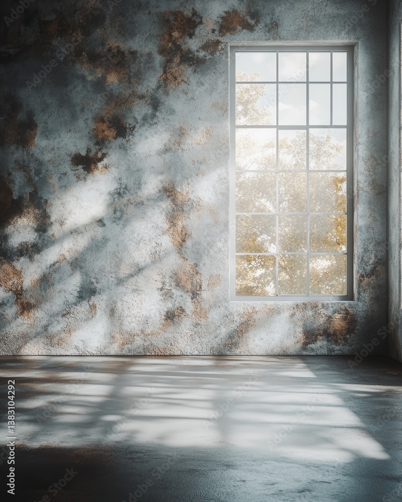 Poster interior room with rustic wall and window light casting shadows on the floor creating a serene and p
