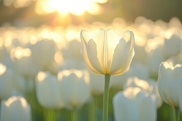 White tulips bathed in sunset light