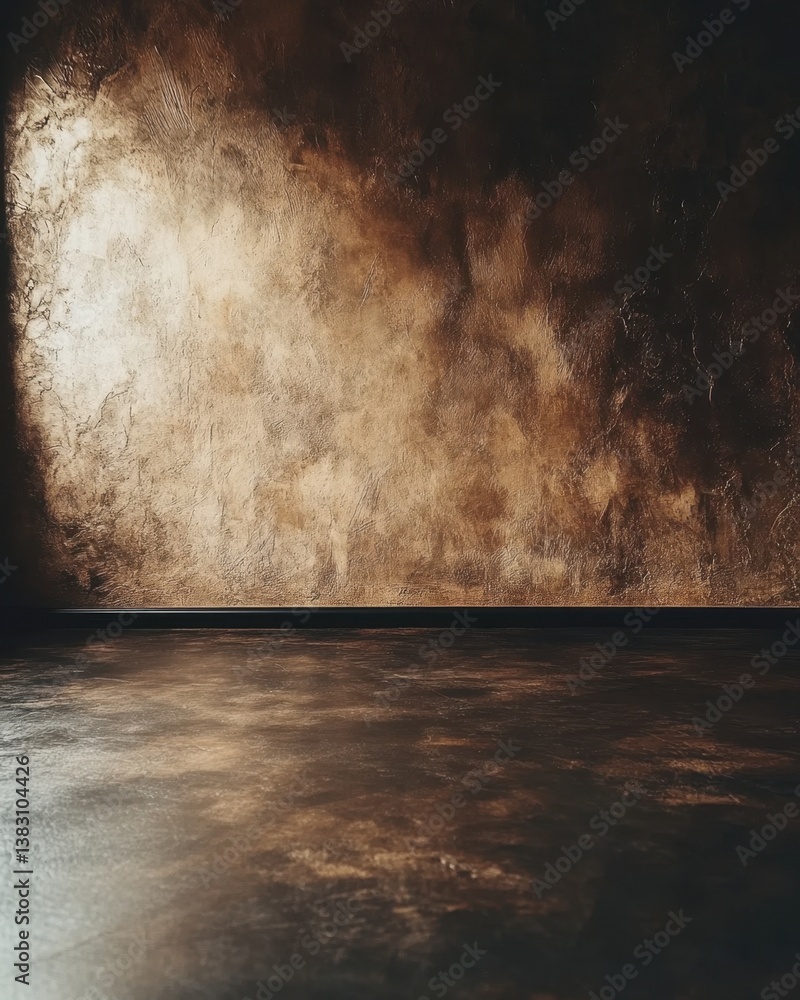 Poster dramatic bronze texture background with dark floor and light accents for artistic display and design