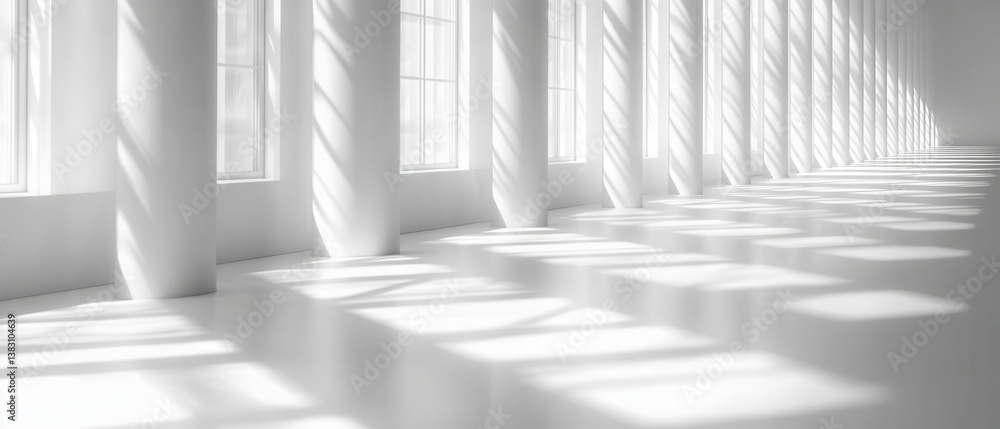 Poster serene white interior with columns and sunlight creating shadows on the floor in a minimalist archit