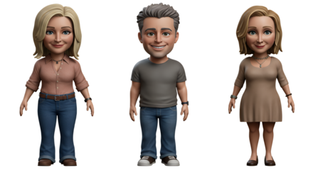 Three Stylized Characters Standing Confidently in Casual Outfits on a Black Background