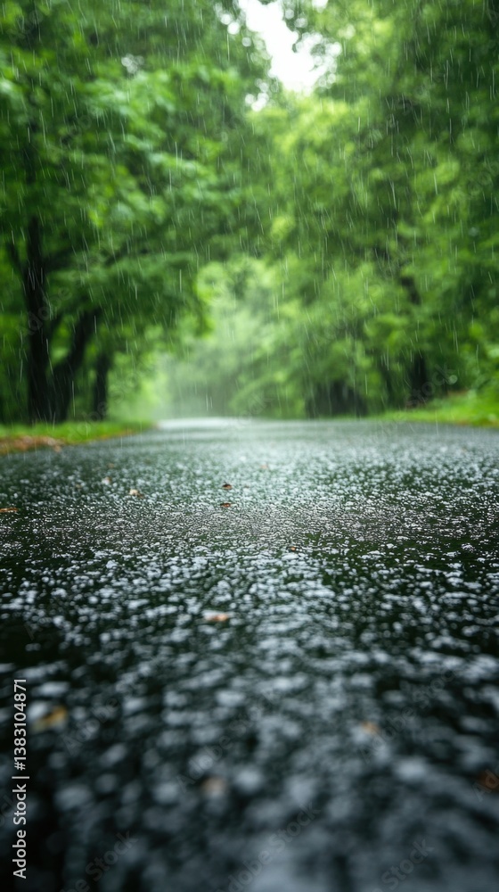 Aufkleber serene rain falling on asphalt road through lush green forest creating a tranquil and refreshing atm