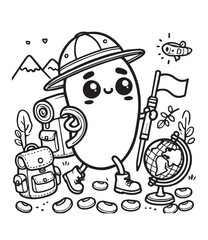 Coloring book bean explorer wearing a pith helmet and boots, carrying a backpack and a rolled mat,
