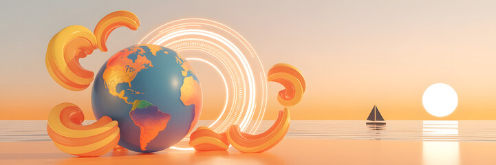 Abstract global travel concept earth globe energy and peaceful holiday vacation calm lake scene