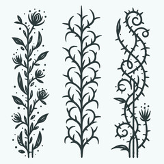 Set of twigs, branches of leaves. Seamless doodle floral pattern. Hand drawn Botanical drawing. Detailed line art of twigs and thorns vine illustration. Outline Simple Stylized Art