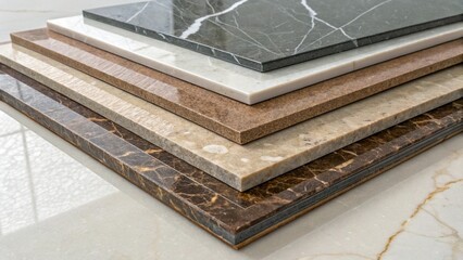 A stack of various granite countertop samples, showcasing a variety of textures and colors for kitchen design.
