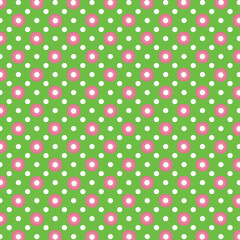 Polka dots design, Green background, seamless repeat pink and white dots pattern, gift wrap paper