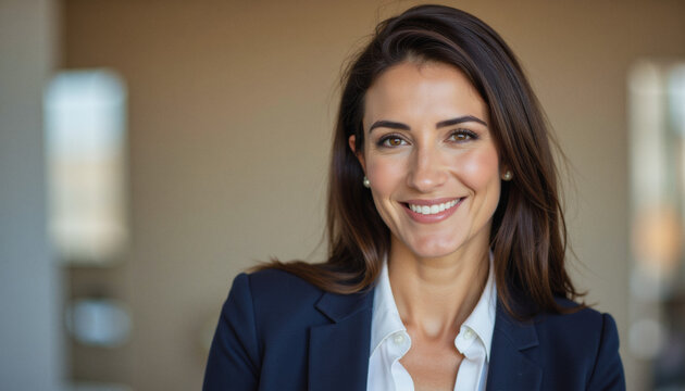 Modern portrait headshot of a friendly ceo executive business worker: A professional woman with dark hair and a warm smile confidently poses in a navy blue blazer and white shirt, radiating competen