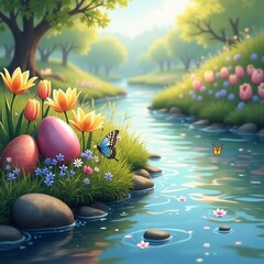 Spring Festival with the atmosphere of nature and enchanting forests with clear rivers and amazing butterflies colors
