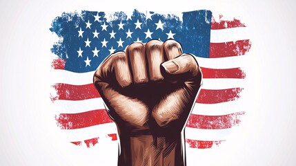 Powerful fist raised in front of american flag symbolizing patriotism