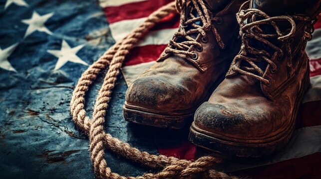 Old rugged work boots resting on an american flag - Powered by Adobe