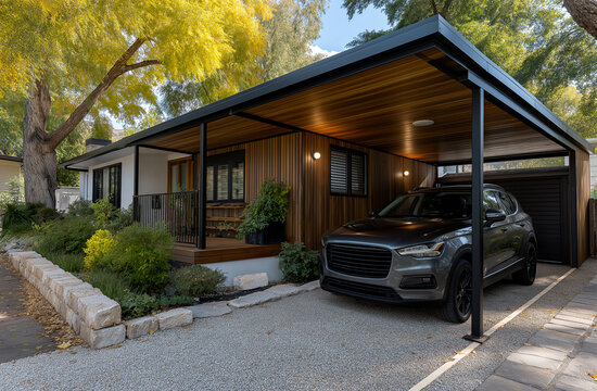 Modern carport with sleek black SUV in leafy suburb