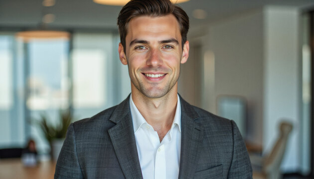 Modern portrait headshot of a friendly ceo executive business worker: A smiling, well-dressed man in a suit looks directly at the camera with a confident expression in a modern office setting.