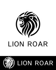 A fierce and powerful roaring lion logo design in black silhouette style isolated on white background 