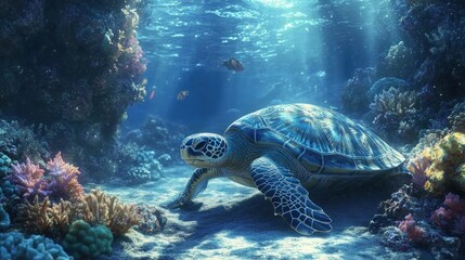 Sea turtle swimming coral reef ocean sunlight nature background